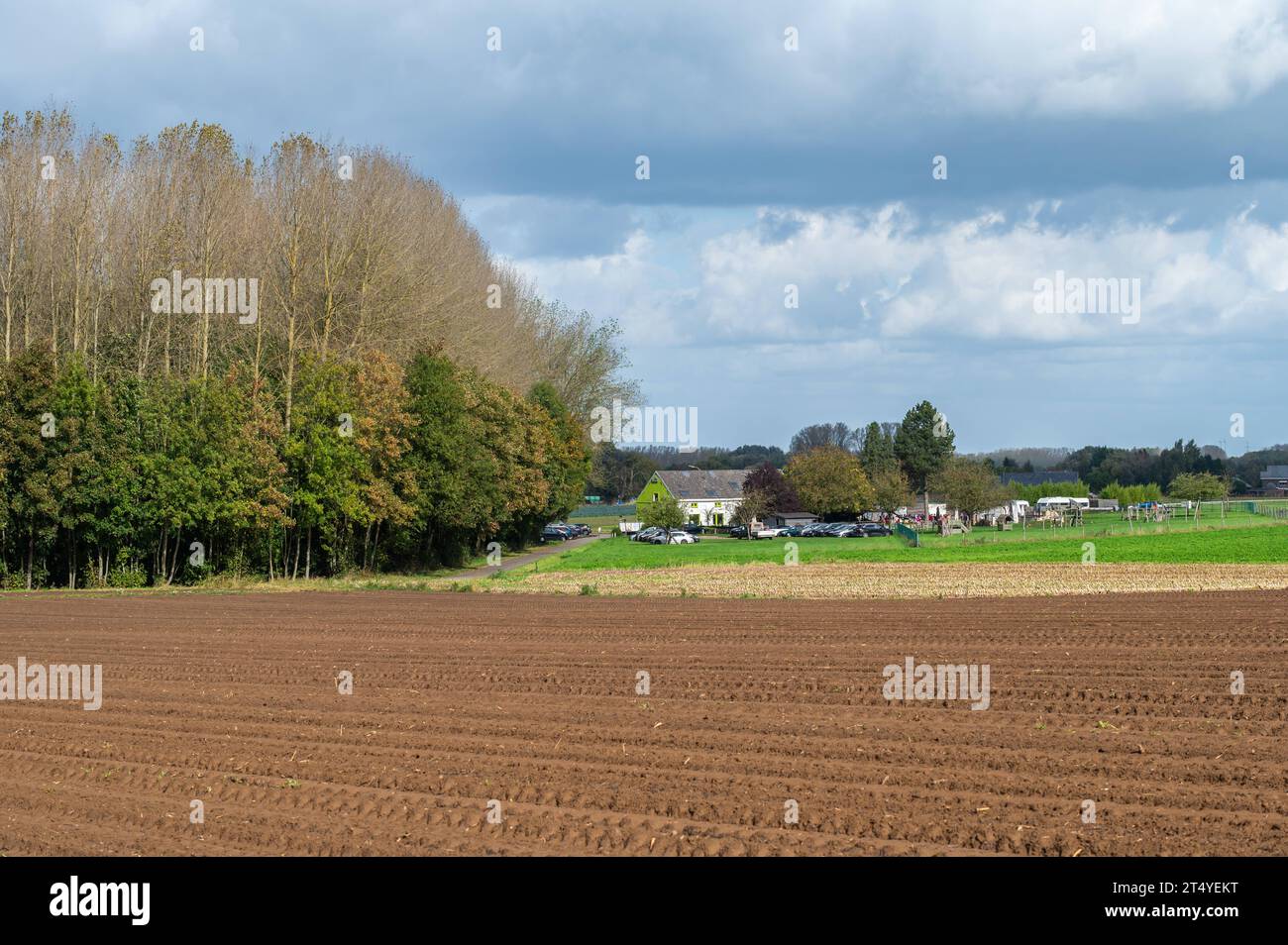 Asse, Flemish Brabant, Belgium, October 14, 2023 - Plowed land, trees and a parking lot at the Flemish countryside Credit: Imago/Alamy Live News Stock Photo