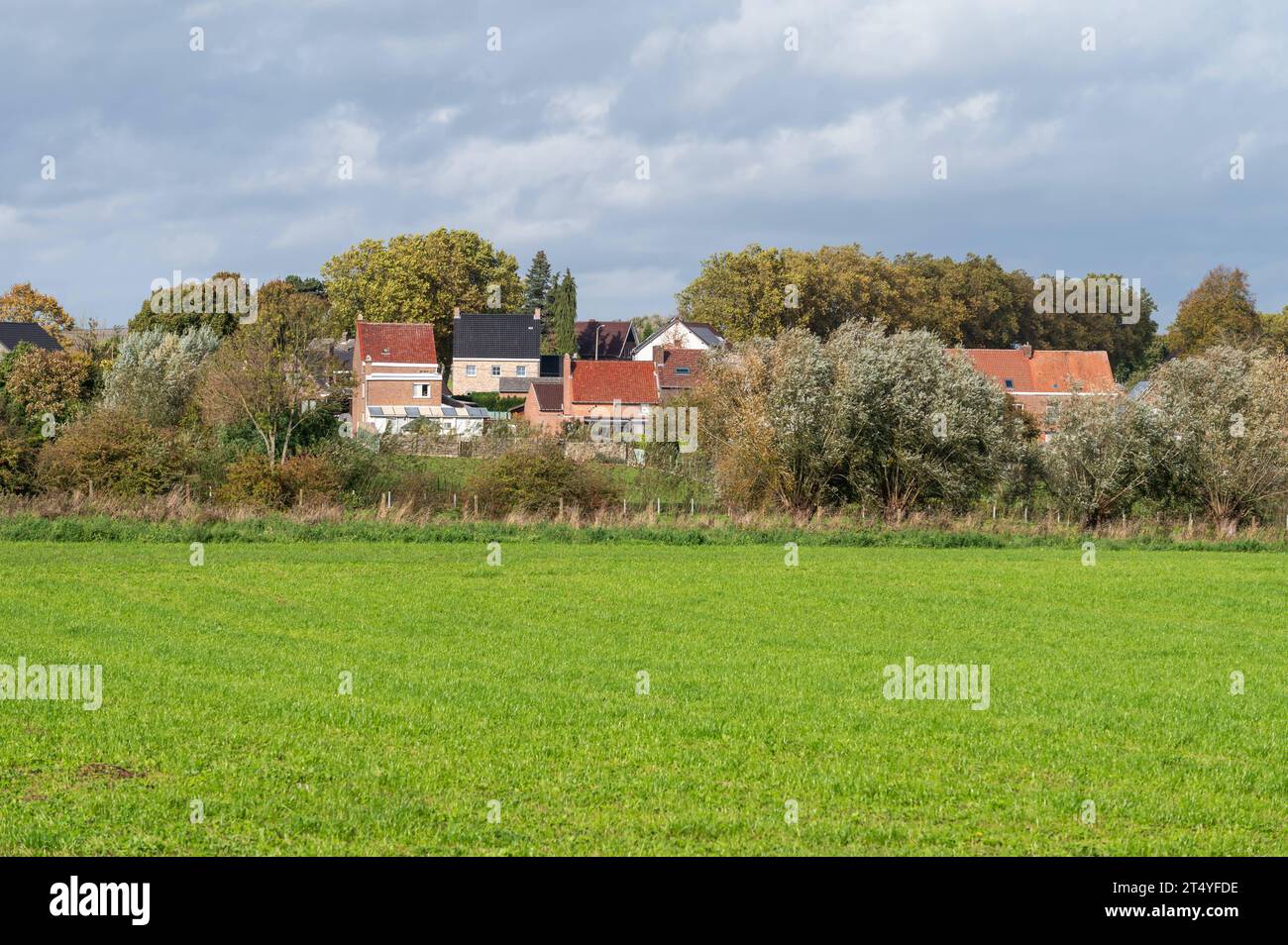 Green farmland and residential houses at the Flemish countryside around Gooik, Brabant, Belgium Credit: Imago/Alamy Live News Stock Photo