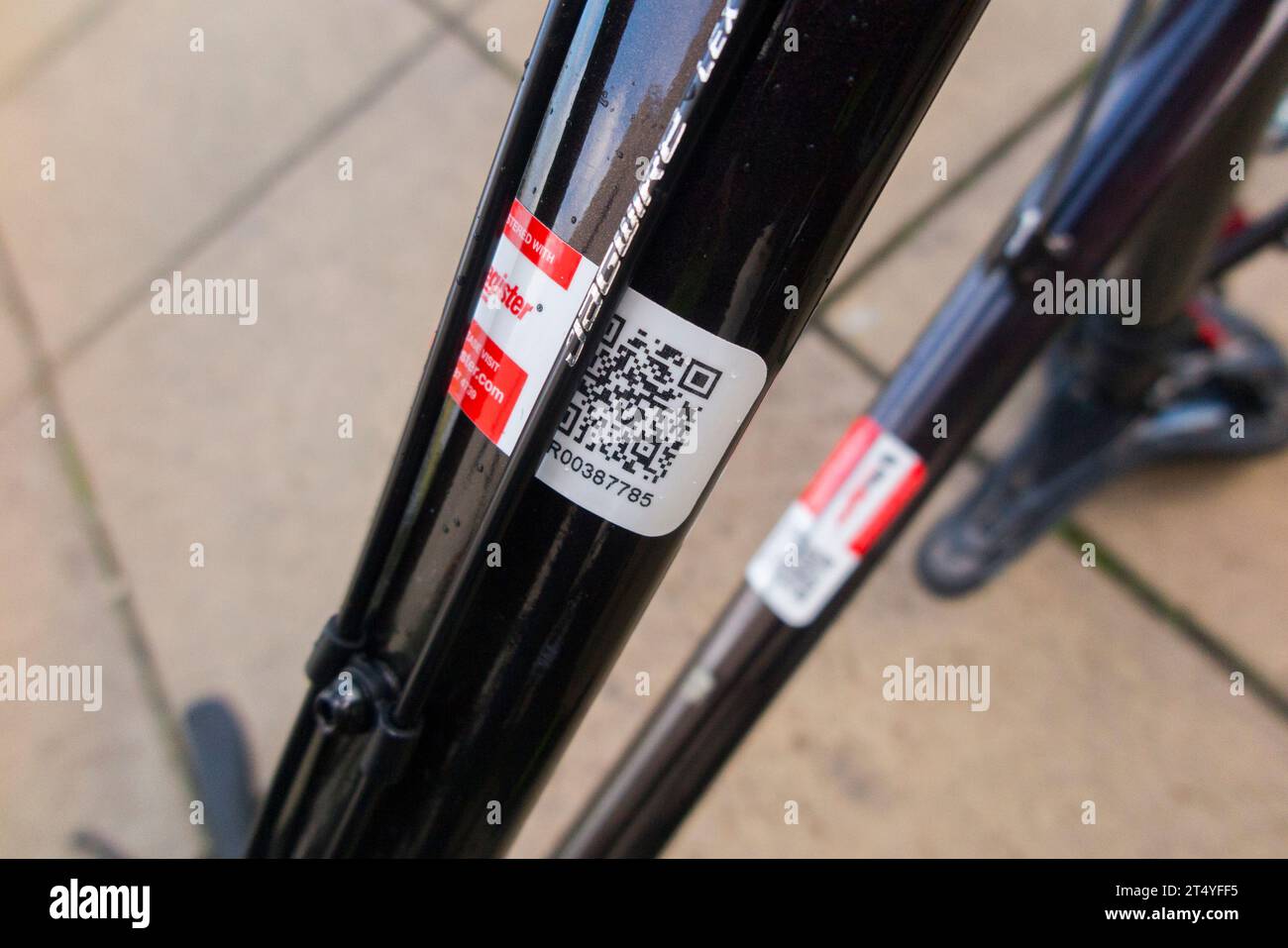 Police community support officer security marking a bicycle frame with permanent reference number at a popular Twickenham car park. London. UK. (136) Stock Photo