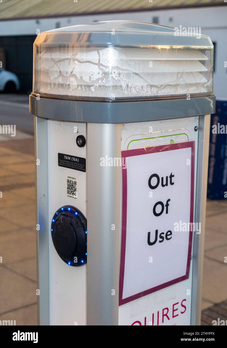 Electric vehicle / ev car charging point described as out of use, so presumably out of order or broken / unavailable due to malfunction. UK (136) Stock Photo