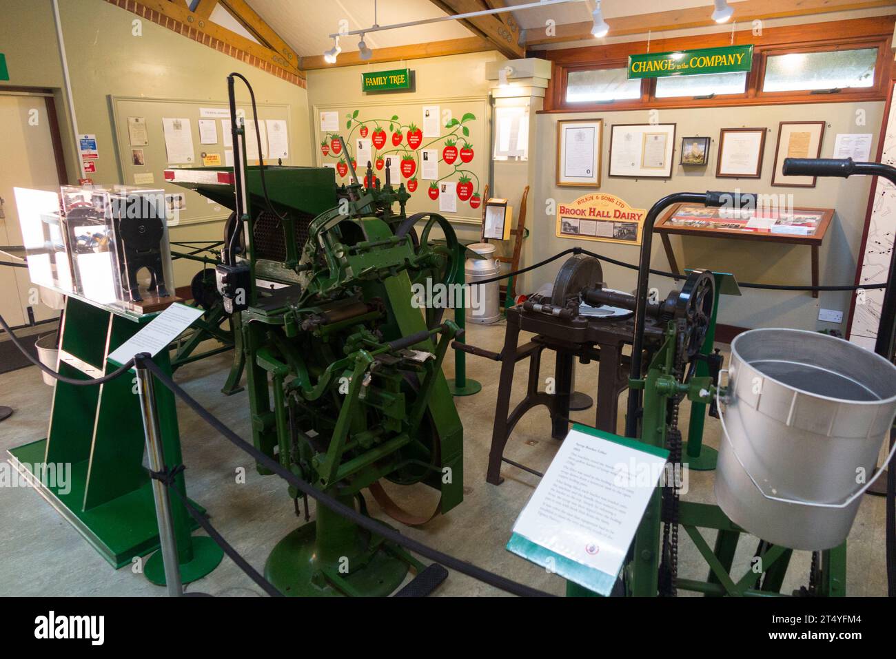 Interior display of fruit process, implements, information; Jam Museum, Wilkin & Sons Limited, manufacturer of preserves since 1885, Tiptree, Essex UK Stock Photo