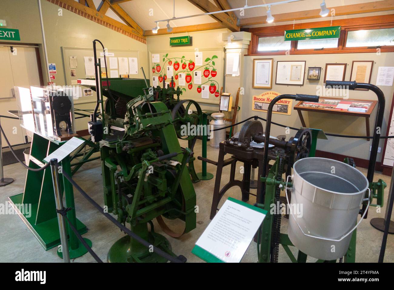 Interior display of fruit process, implements, information; Jam Museum, Wilkin & Sons Limited, manufacturer of preserves since 1885, Tiptree, Essex UK Stock Photo