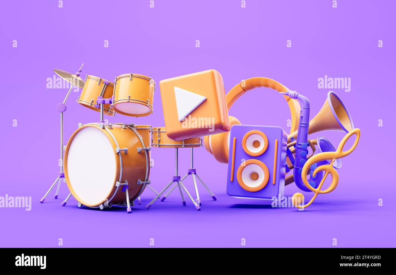 Music instruments with cartoon style, 3d rendering. 3D illustration ...