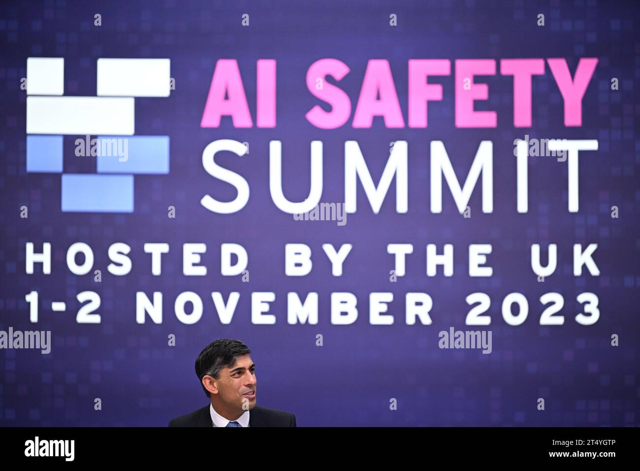 Prime Minister Rishi Sunak attends the second day of the AI safety summit, the first global summit on the safe use of artificial intelligence, at Bletchley Park in Milton Keynes, Buckinghamshire. Picture date: Thursday November 2, 2023. Stock Photo