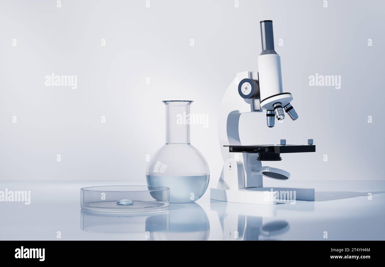 Glassware and microscope in the laboratory, 3d rendering. 3D ...