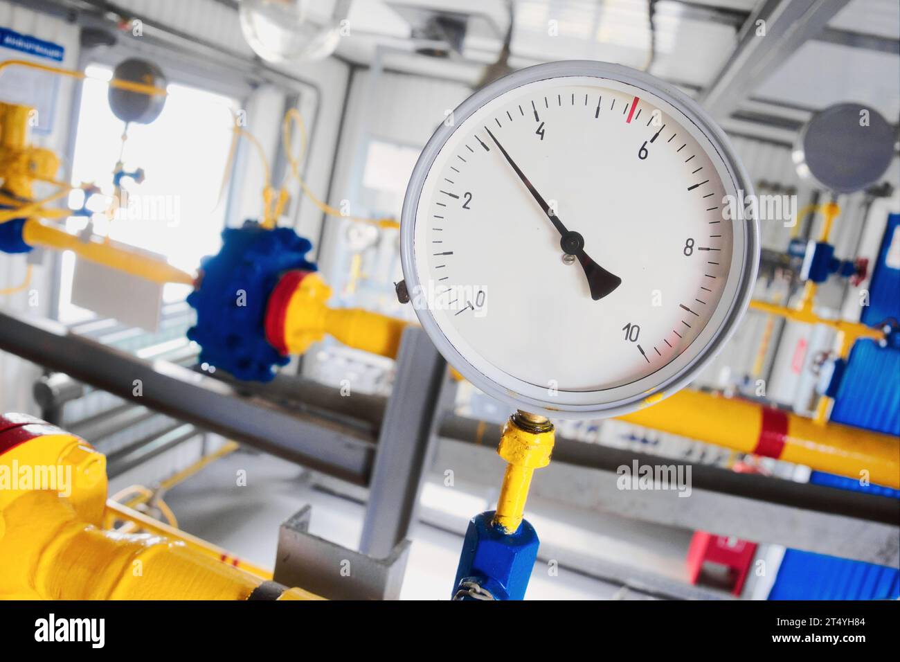 View of pressure gauge on gas distribution station equipment. Pressure ...