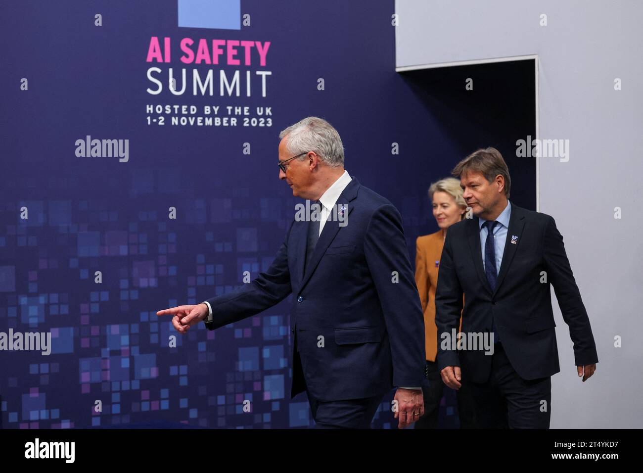 French Minister for Economy, Finance, Industry and Digital Security Bruno Le Maire (left), President of the European Commission Ursula von der Leyen and German Economy and Climate Minister Robert Habeck , during the AI safety summit, the first global summit on the safe use of artificial intelligence, at Bletchley Park in Milton Keynes, Buckinghamshire. Picture date: Thursday November 2, 2023. Stock Photo