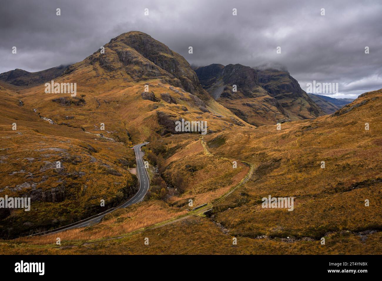 The Pass of Glencoe and the Three Sisters, Glencoe, Highlands, Scotland Stock Photo