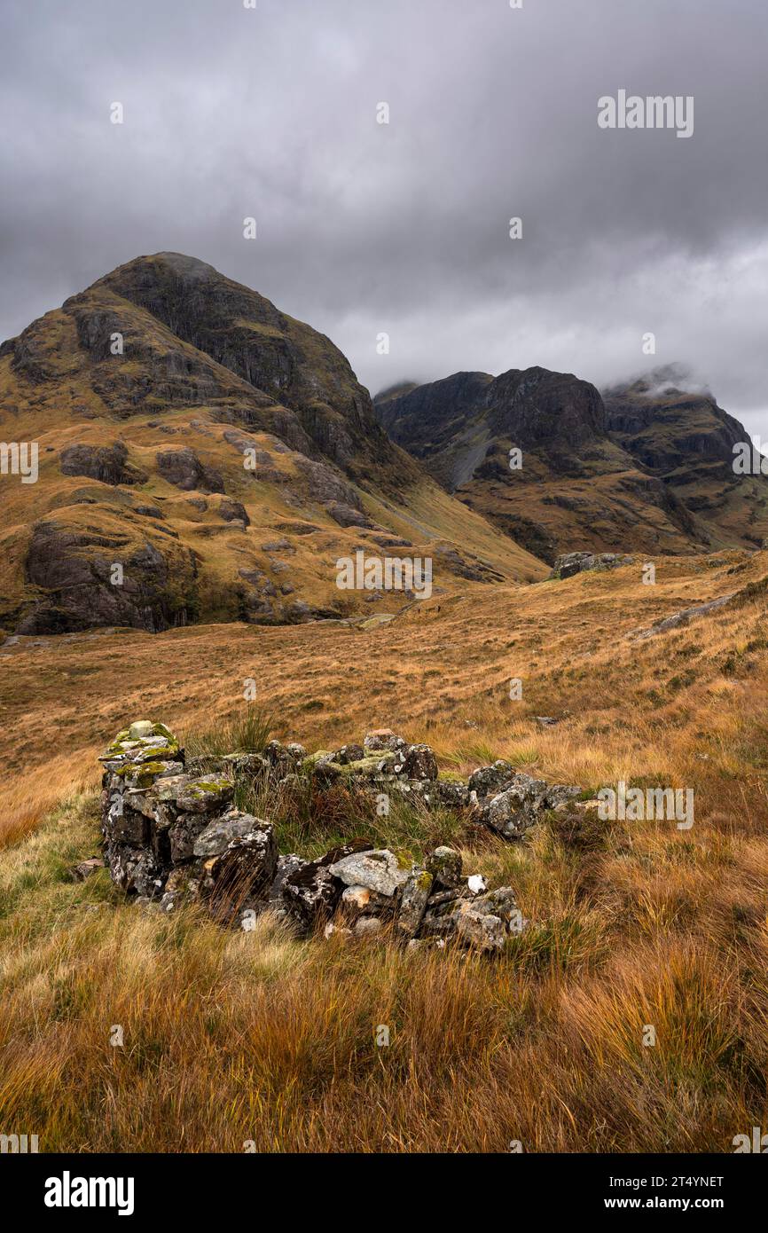 The Three Sisters from the Pass of Glencoe, Glencoe, Highlands, Scotland Stock Photo