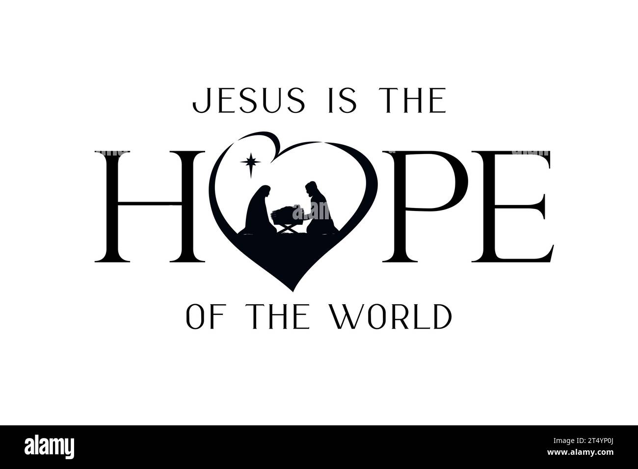 Jesus is the HOPE of the world, text with silhouettes christian Nativity in heart. Christmas