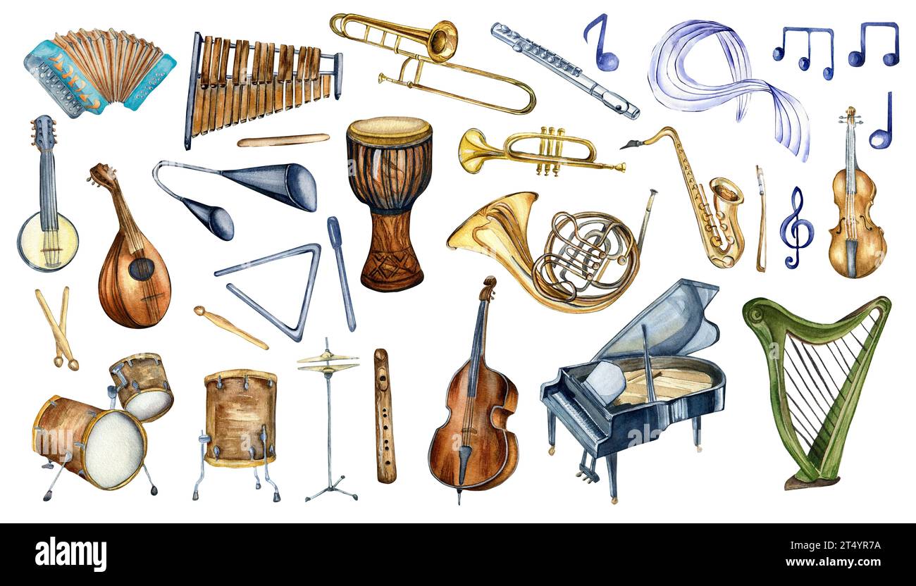 Set of musical instruments watercolor illustration isolated on white