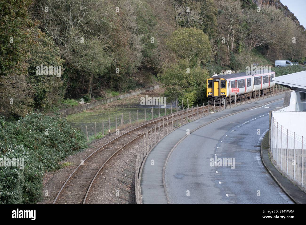 Trains Still Running Fishguard Harbour During Storm Ciaran Stock Photo trains-still-running-fishguard-harbour-during-storm-ciaran-stock-photo