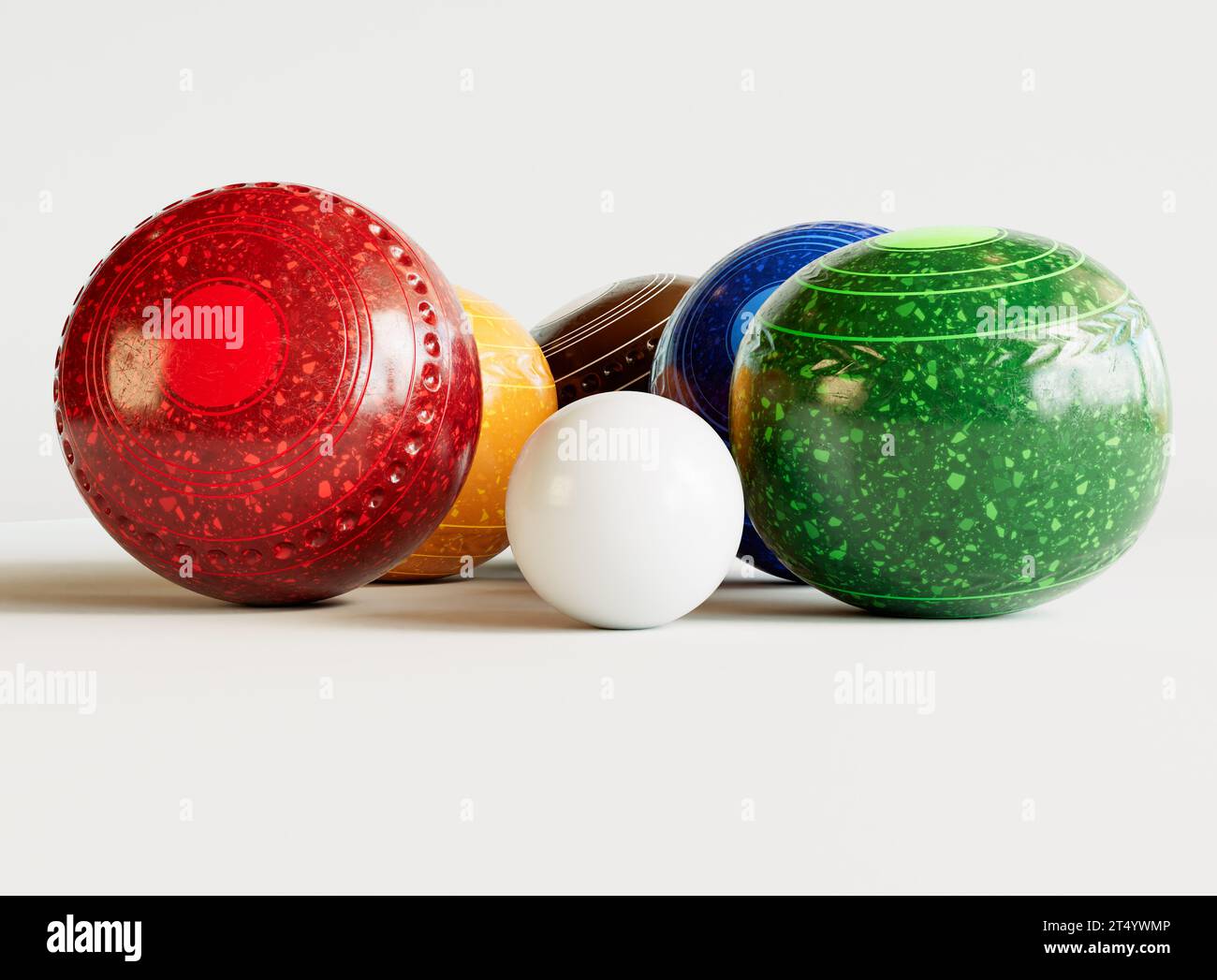 A collection of modern lawn bowling balls with various engraved patterns on an isolated white studio background - 3D render Stock Photo
