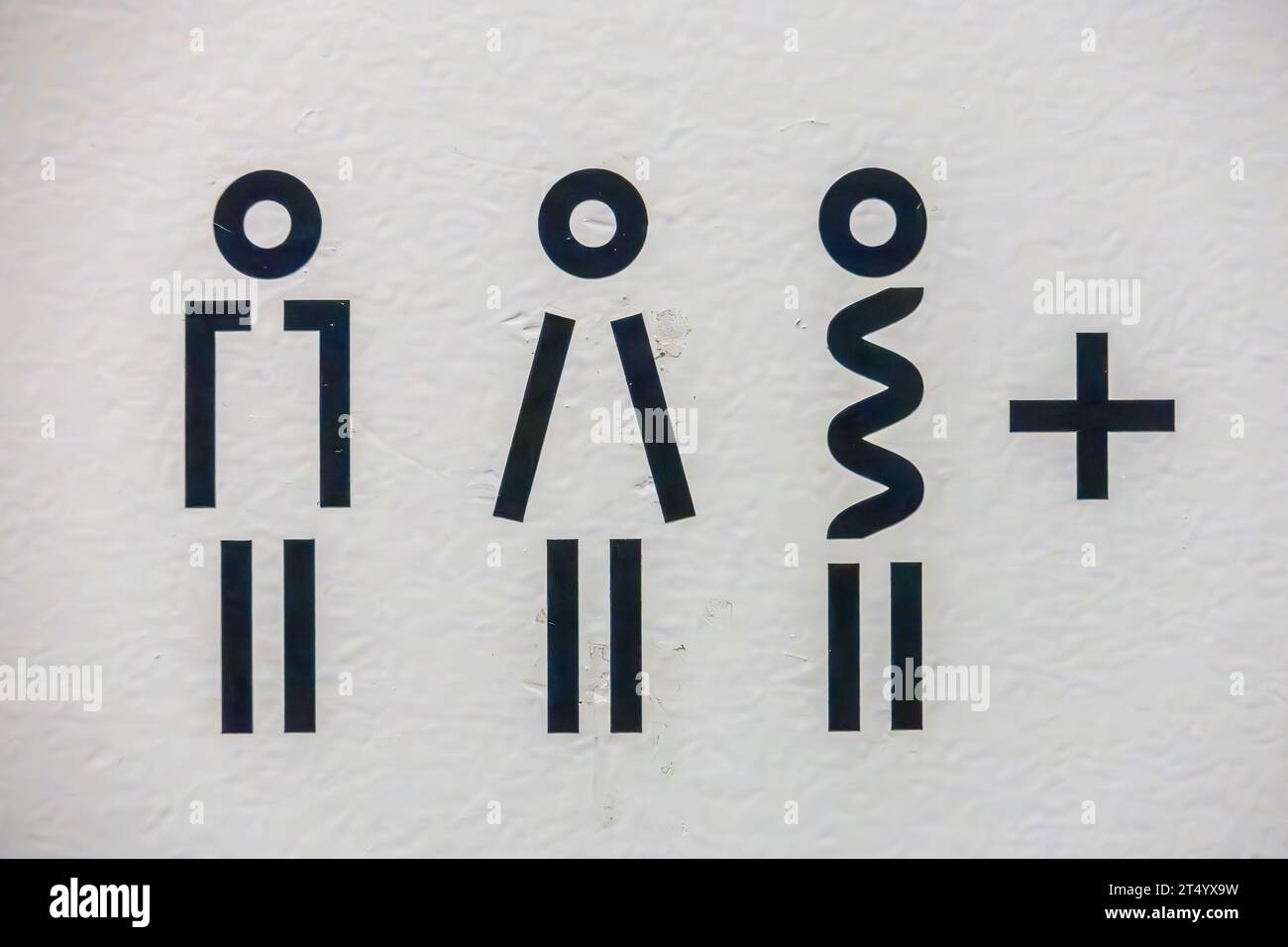 Sign seen in London, England displaying toilets for all genders: Male, female, LGBT, or LGBTQIA+ or even 2ELGBTQQIA+. Stock Photo