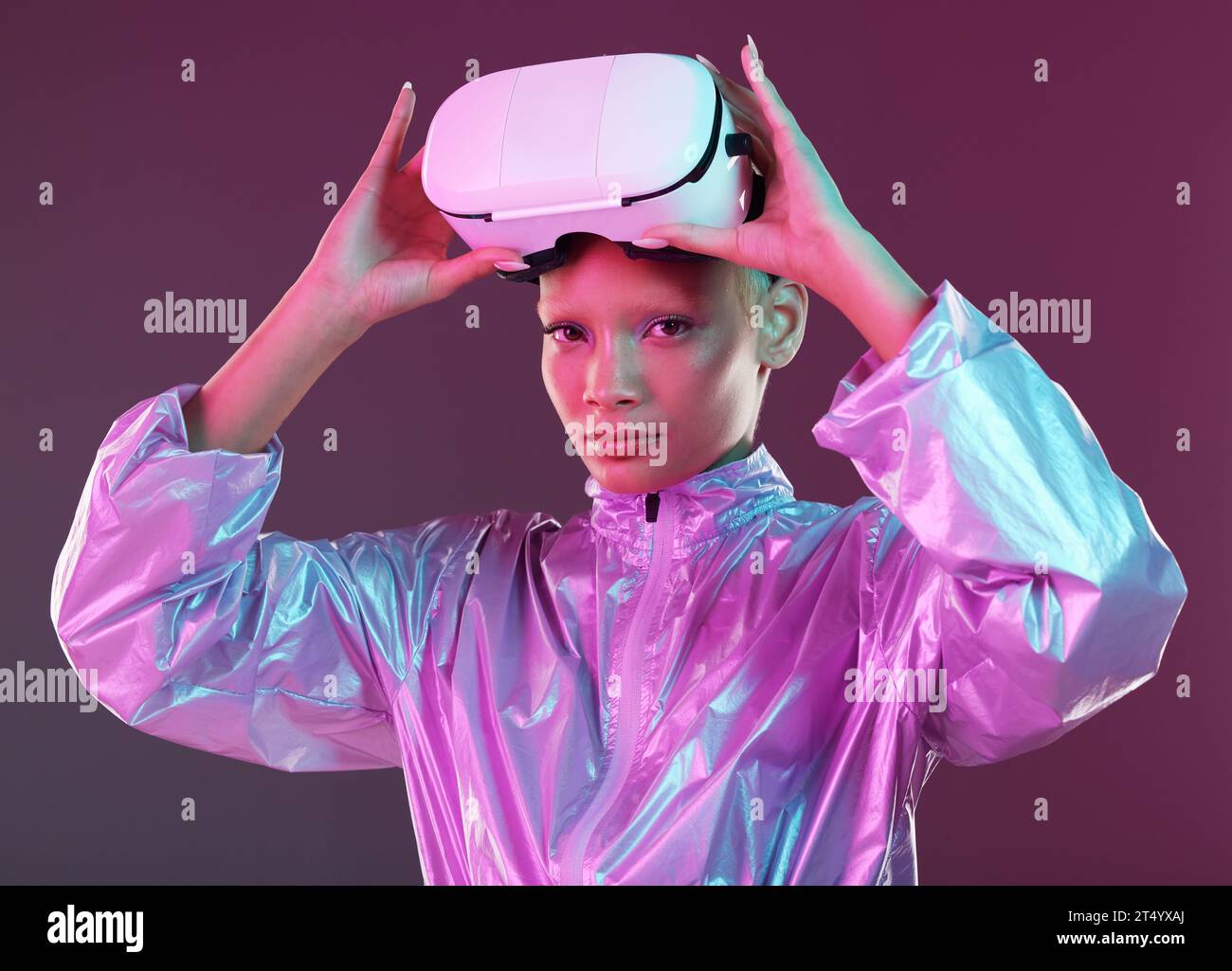 Vr headset, futuristic portrait and black woman ready for metaverse and virtual reality experience. Isolated, studio and model with ai, digital and Stock Photo