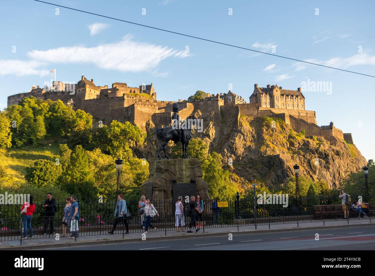 Low angle view of Edinburgh Castle from the Royal Scots Greys Monument, Edinburgh, Scotland, UK Stock Photo