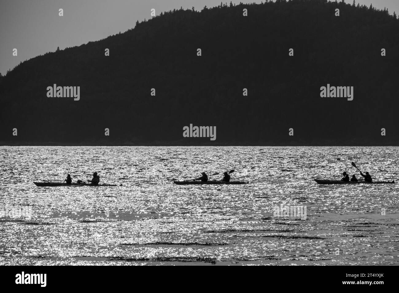 Three kayaks on the St. Lawrence River near the village of Bic, province of Quebec, Canada. Black and white. Stock Photo