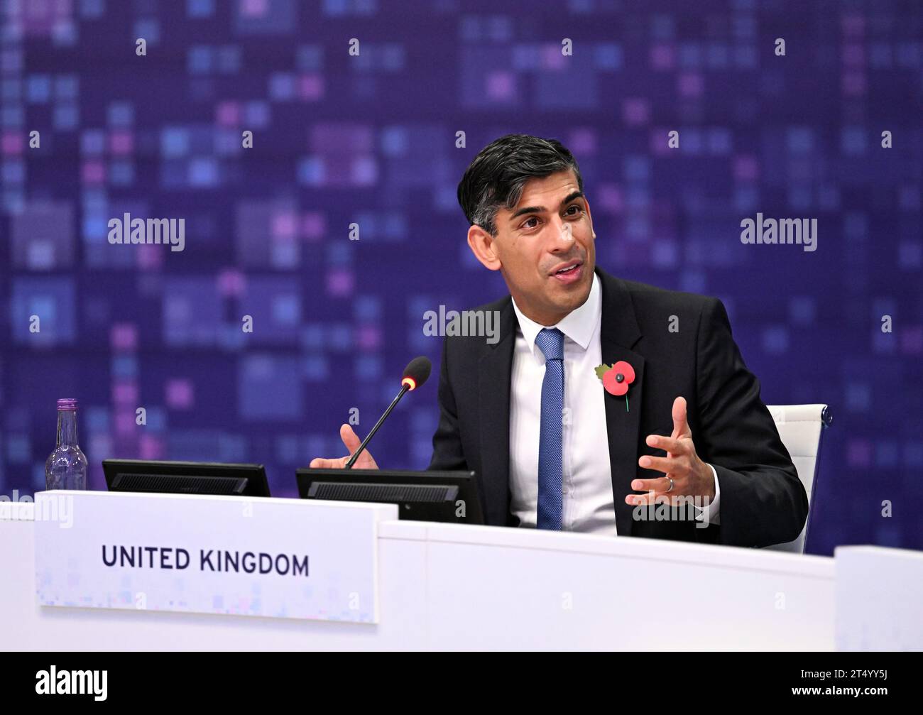 Milton Keynes, UK. 02nd Nov, 2023. Rishi Sunak, Prime Minister of the United Kingdom, speaks during the AI Safety Summit 2023 in Bletchley Park, Buckinghamshire. The British government has organized an international summit to discuss the dangers of artificial intelligence. Credit: Soeren Stache/dpa/Alamy Live News Stock Photo