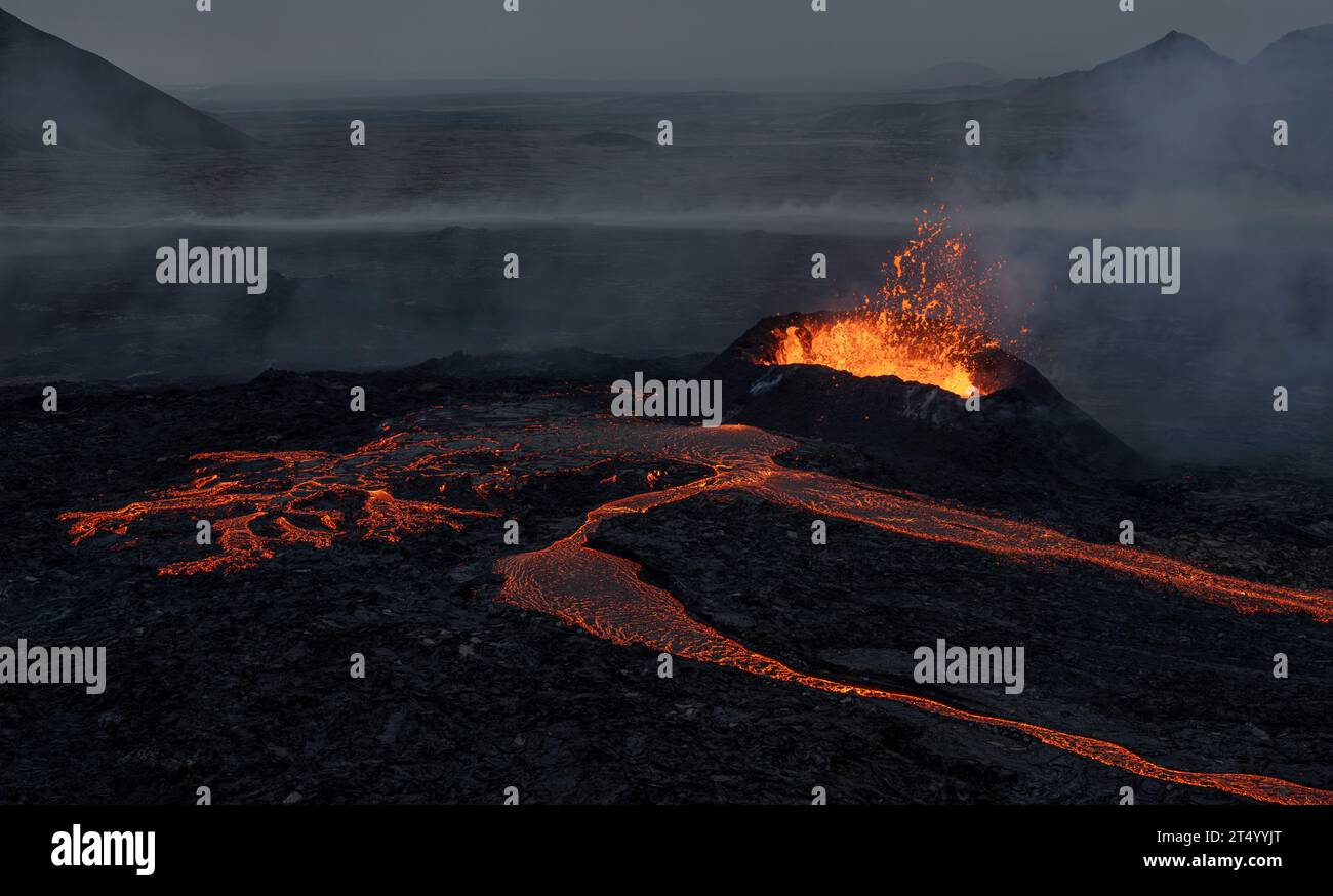 Powerful image of 2023 Erupting Iceland Volcano at Fagradalsfjall near Reykjavik Stock Photo