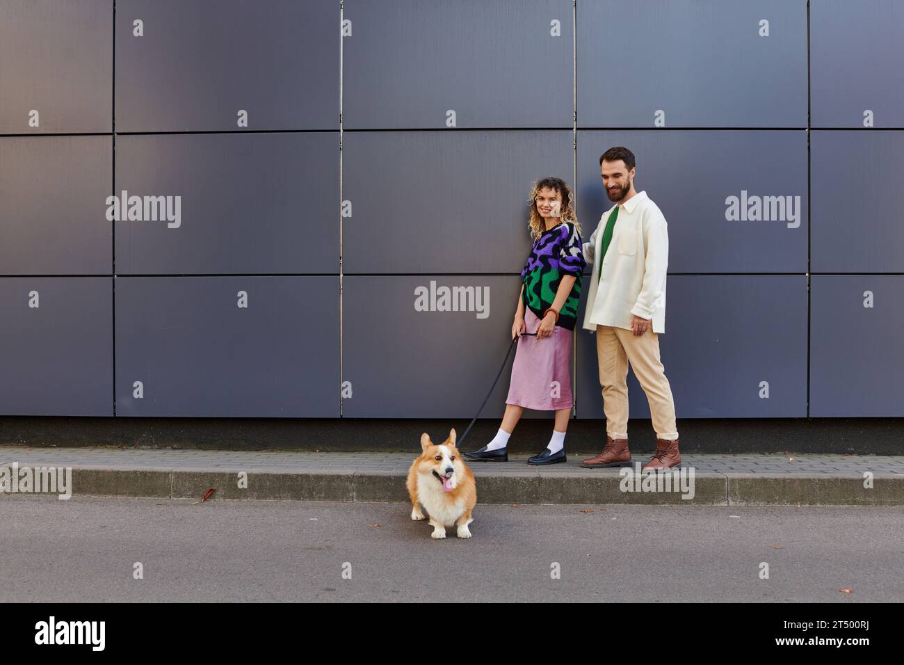happy and stylish couple walking with corgi dog near modern grey building, animal companions Stock Photo