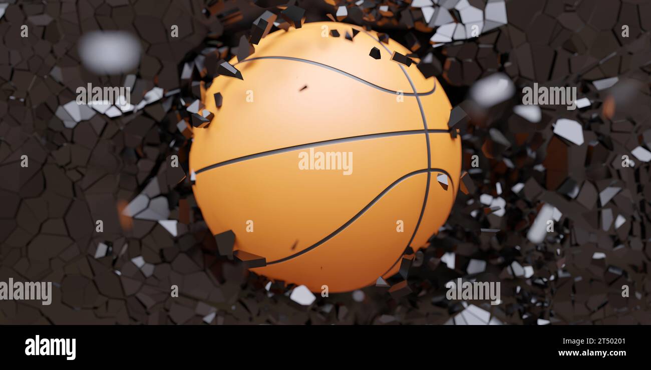Basketball orange color ball breaks with great force a black wall
