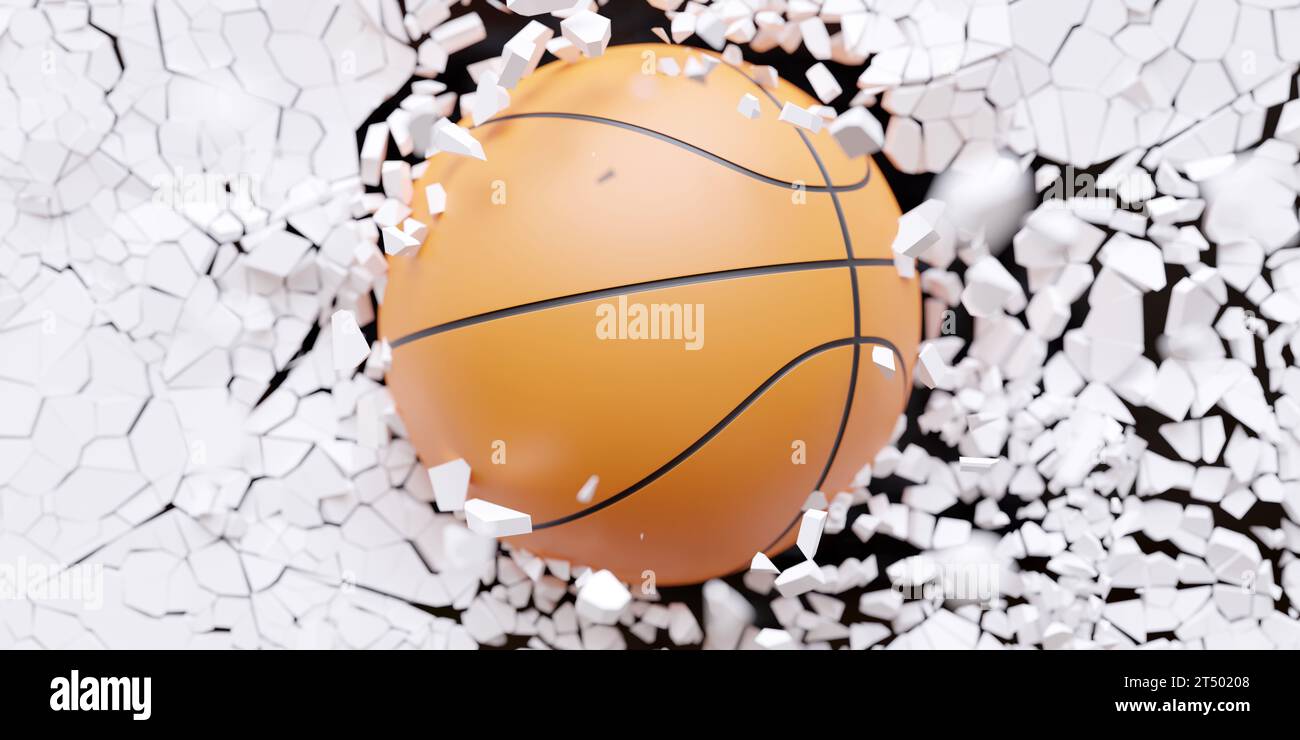 Basketball orange color ball breaks with great force a white wall