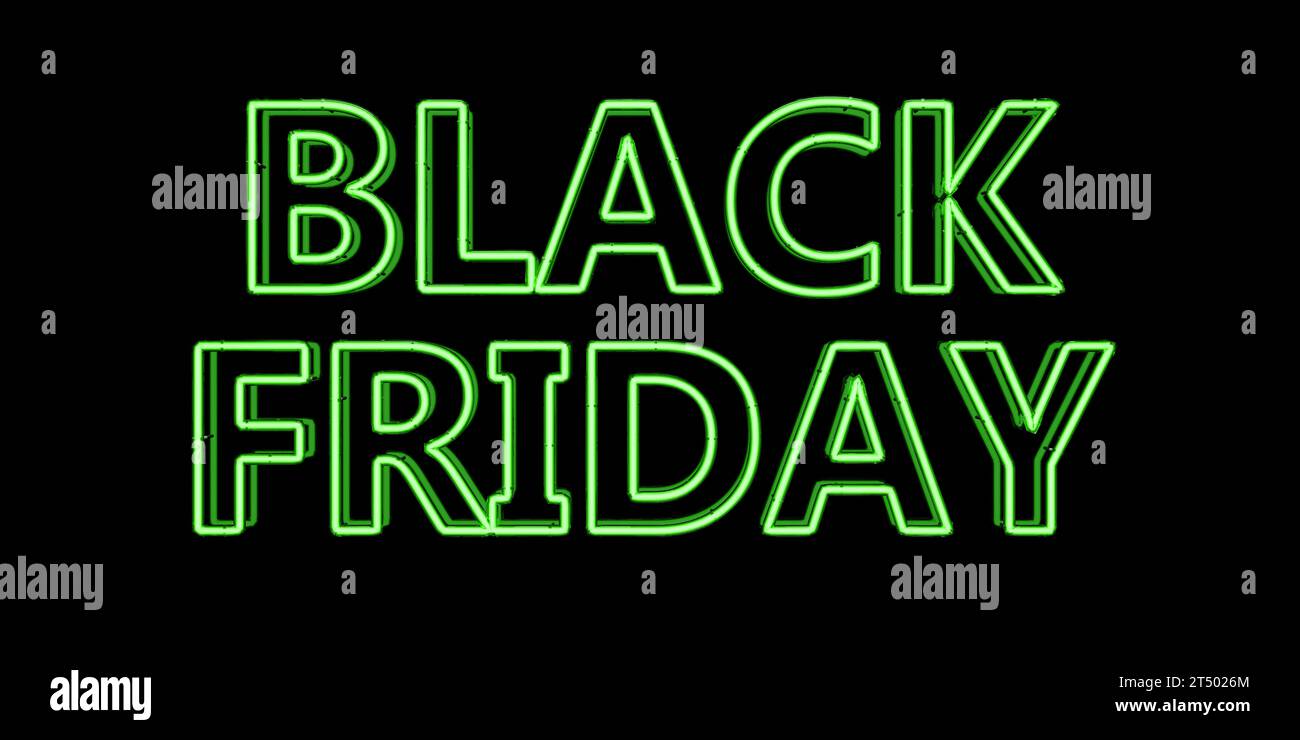 Black Friday neon sign on black wall. Christmas Sale. Green letters text. 3d render Stock Photo