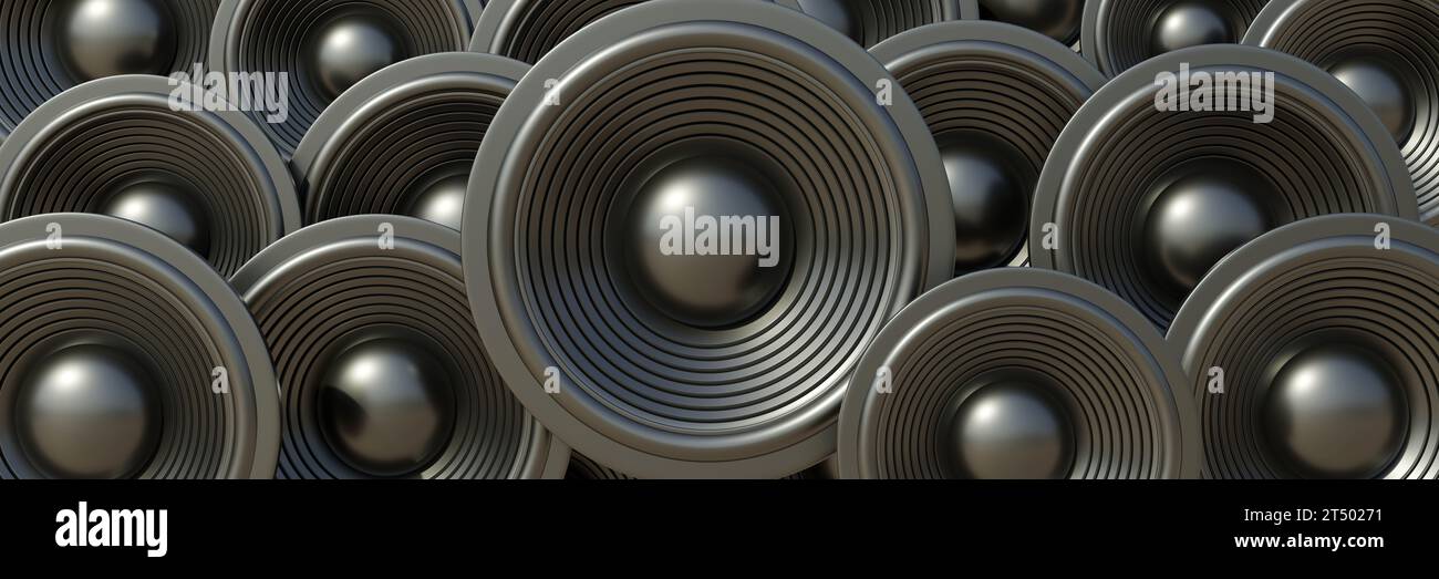 Black Loudspeakers background. round speakers, stereo sound, professional equipment. Banner. 3d render Stock Photo