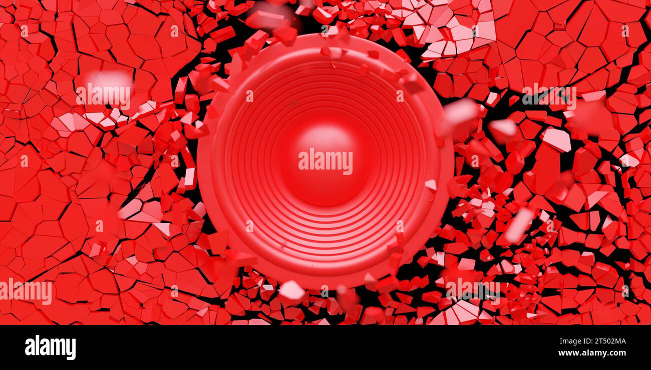 Loudspeaker breaks a red wall background, Powerful stereo sound, loud volume. 3d render Stock Photo