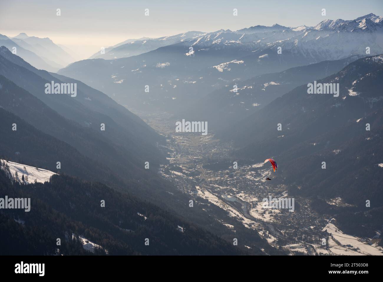 Winter view on dolomites alps in Italy.  Pinzolo in winter sunny day. Val Rendena dolomites  Italian alps, Trentino Italy. Stock Photo