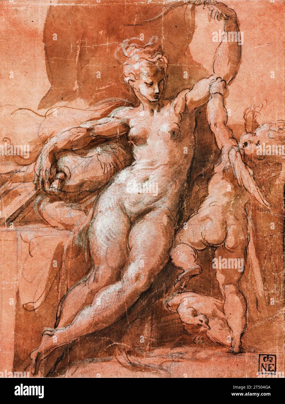 Girolamo Francesco Maria Mazzola, Venus disarming Cupid, drawing in pen and ink with chalk and wash, 1524-1530 Stock Photo
