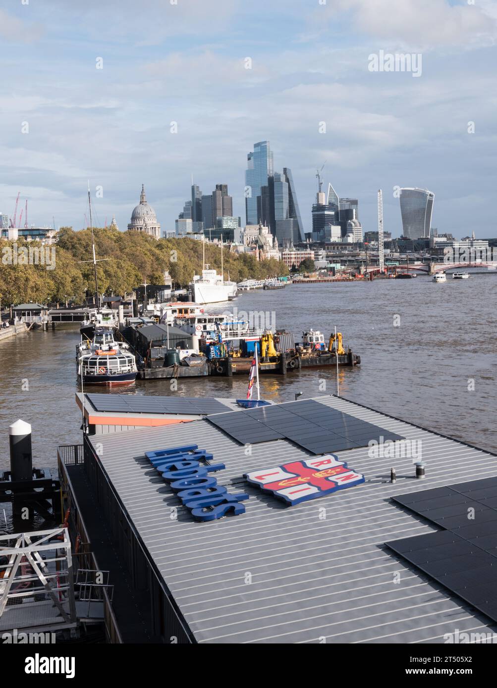 The River Thames and the new RNLI Tower Lifeboat Station, Lifeboat Pier, Victoria Embankment, London, WC2, England, UK Stock Photo