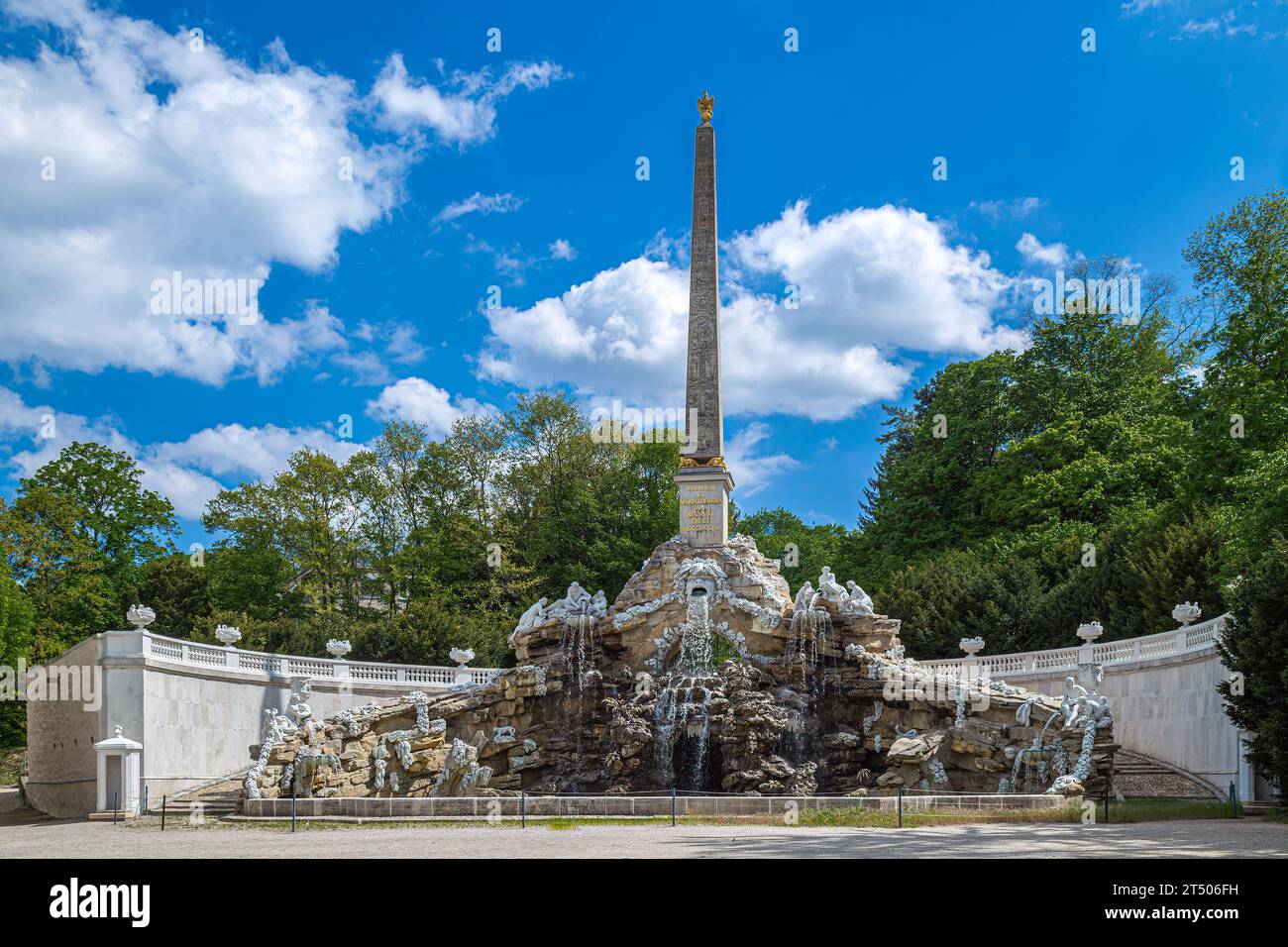 The Obelisk Fountain, known as the Sybill Grottoin, from the park of Schönbrunn Palace in Vienna. Lengt 35.6 m, width 24.0 m, height 31.3 m. Built in Stock Photo