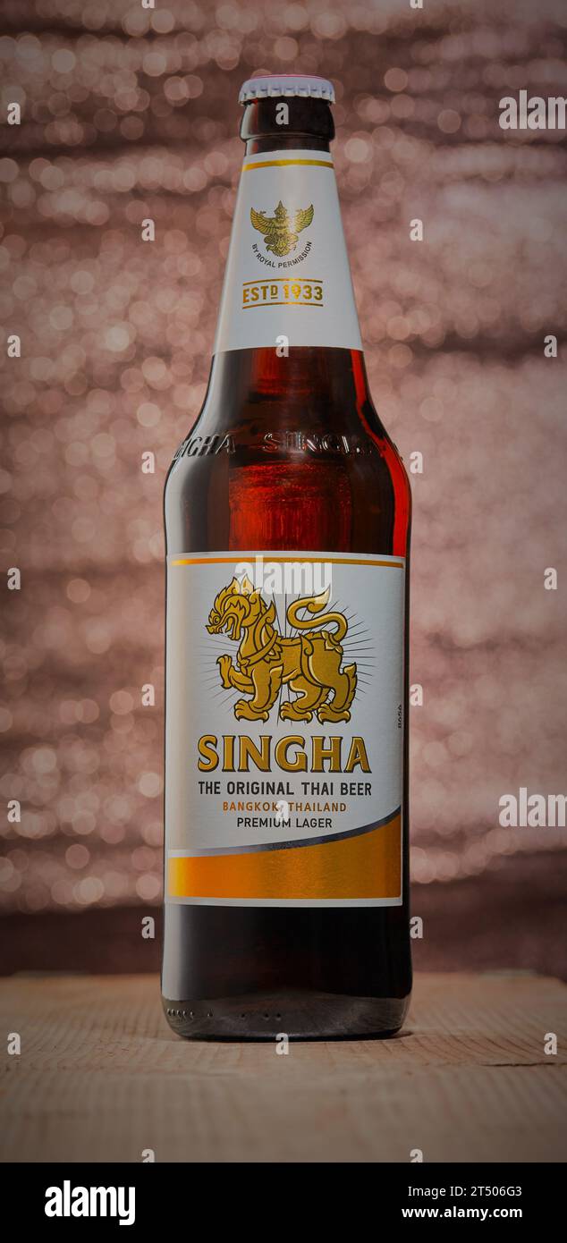 Mansfield,Nottingham,United Kingdom,October 2023:Studio product image of a bottle of Singha lager which is a Thai lager. Stock Photo