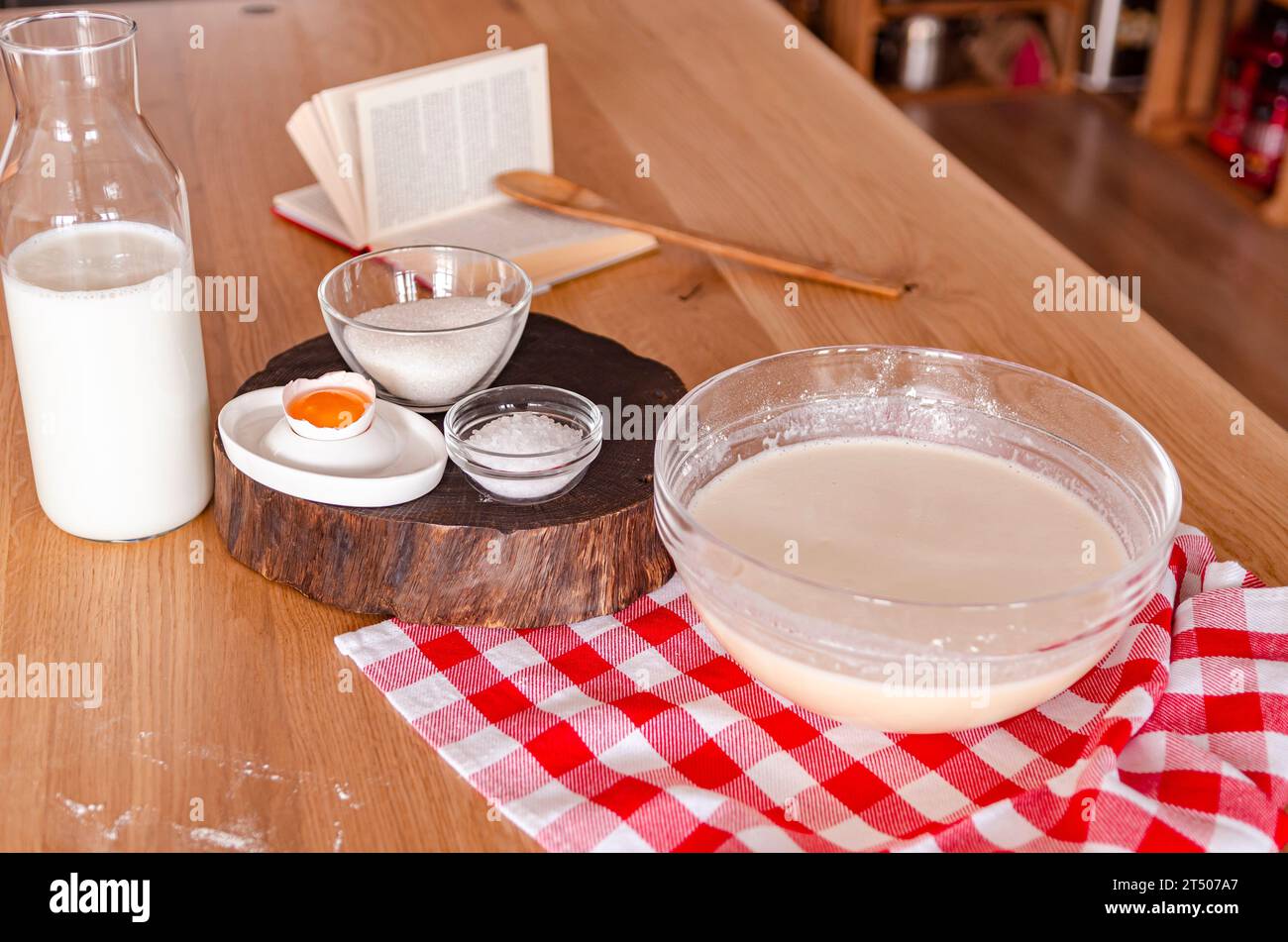Cook's workplace. Ingredients for dough preparation Stock Photo