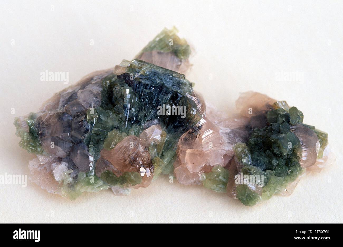 Diopside is a magnesium calcium silicate mineral from pyroxene group. Crystallized sample. Stock Photo