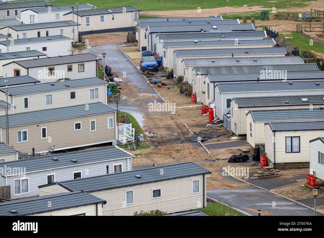 Freshwater Beach Holiday Park at Burton Bradstock, Dorset suffered major flooding and a battering from waves as Storm Ciaran hit the south  of England. Stock Photo