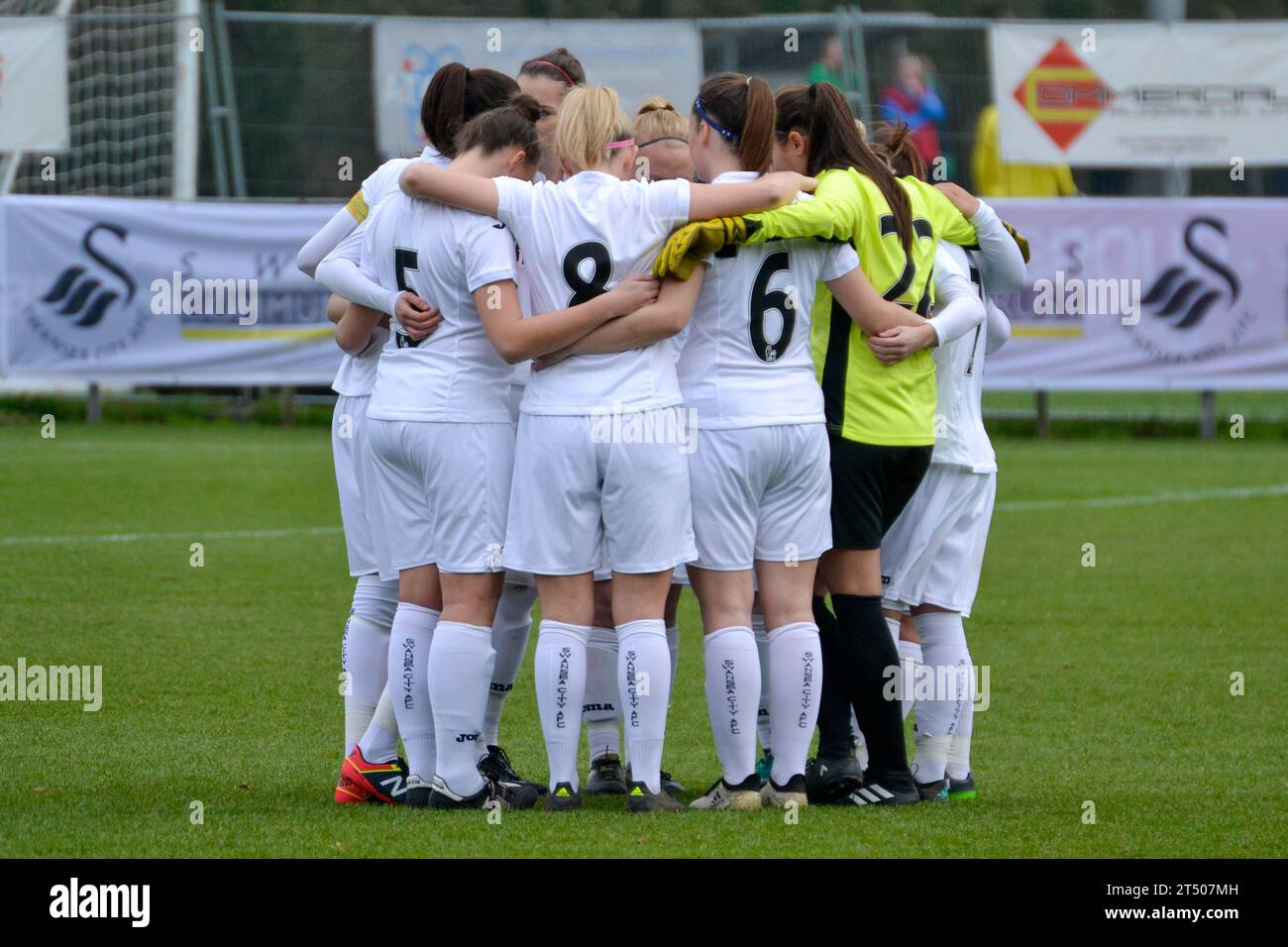 Neath, Wales. 22 January 2017. The Swansea City Ladies team in a huddle before the Welsh Premier Women's League match between Swansea City Ladies and Cardiff Met Ladies at Llandarcy Academy of Sport in Neath, Wales, UK on 22 January 2017. Credit: Duncan Thomas/Majestic Media. Stock Photo