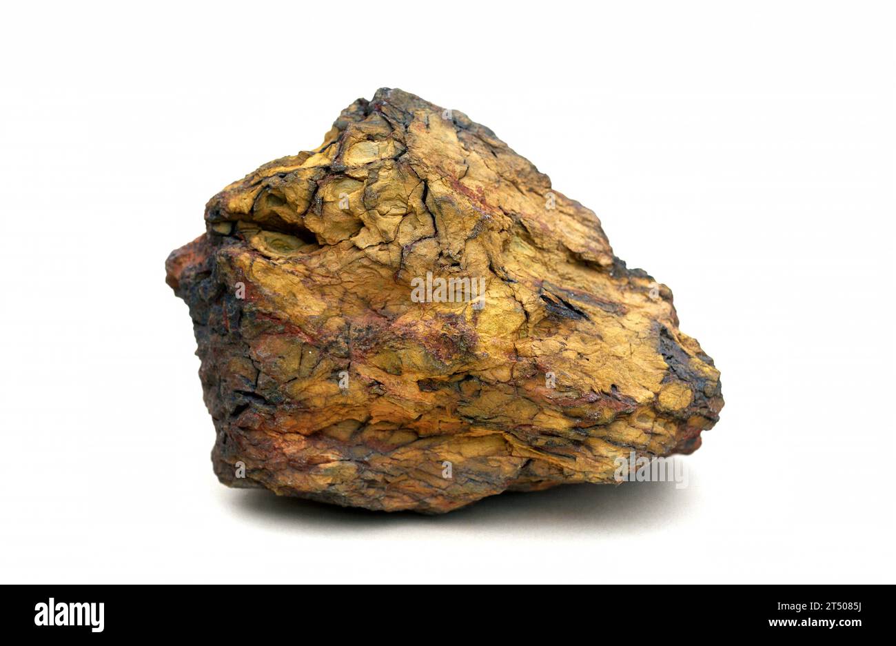 Limonite is an iron ore composed of different iron oxides and hydroxides (goethite, hematite, magnetite...). Sample. Stock Photo