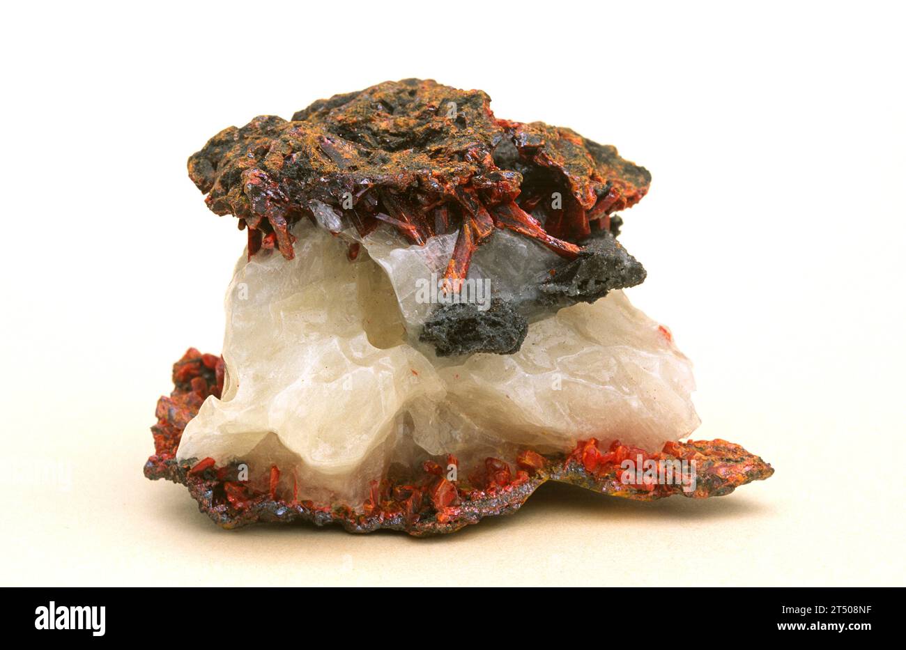 Realgar is an arsenic sulfide mineral. Crystallized sample. Stock Photo