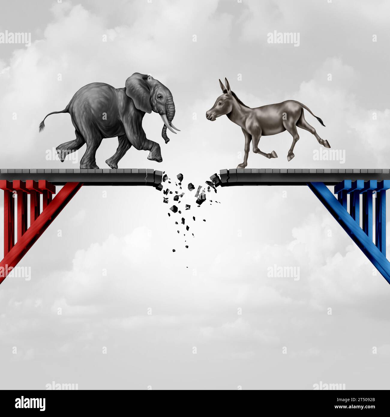 Collapse of Bipartisanship in America as an elephant and a donkey in a breakdown of cooperation and political ideology clash with a broken bridge Stock Photo