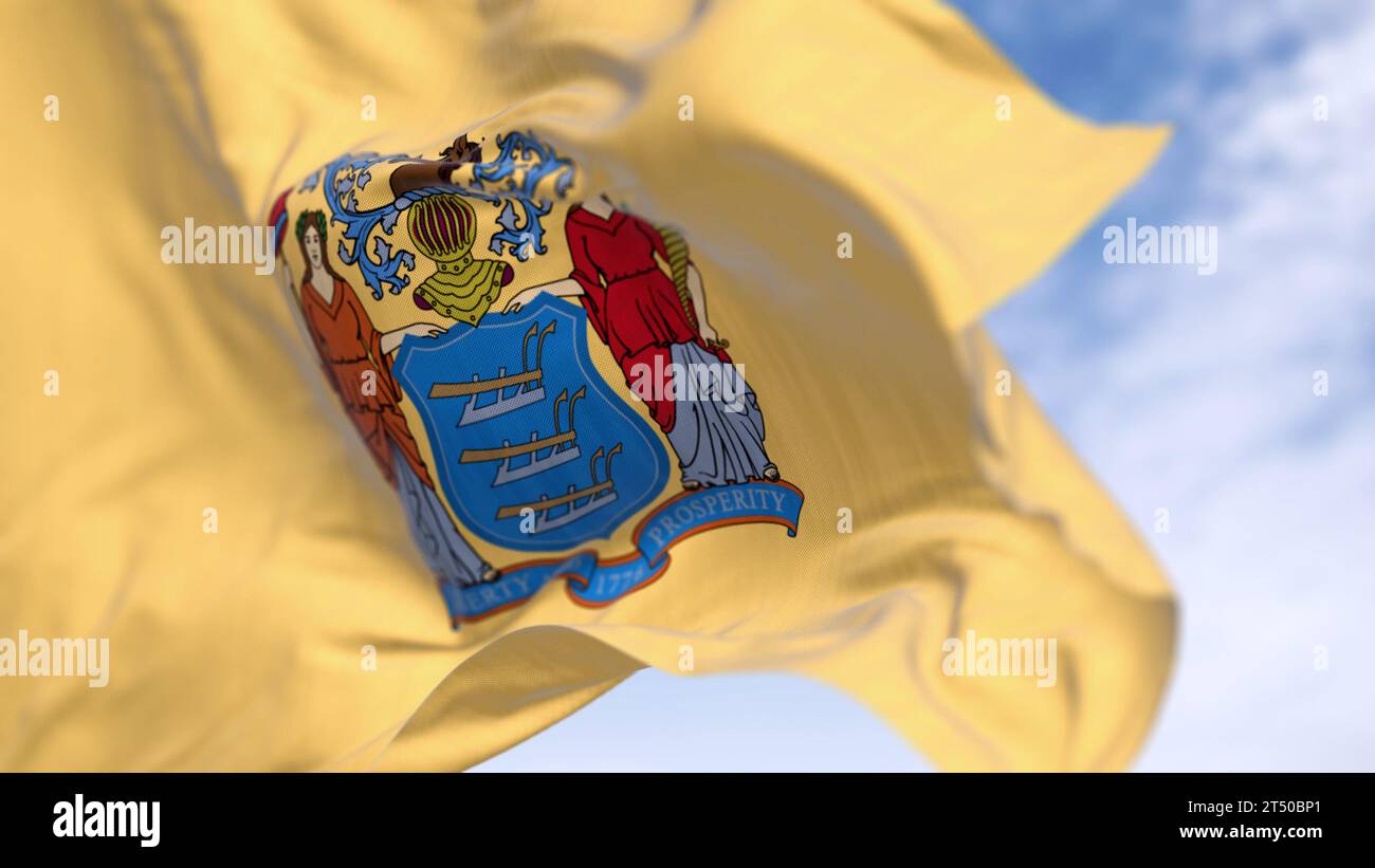 Close-up of New Jersey state flag waving in the wind. US state flag. Pride and community concept. 3d illustration render. Rippling fabric. Selective f Stock Photo