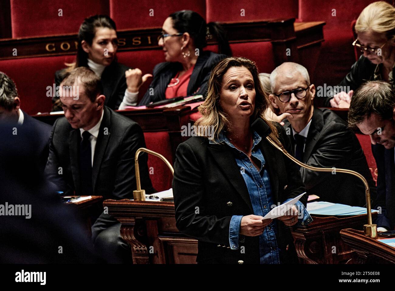 Paris, France. 31st Oct, 2023. Antonin Burat/Le Pictorium - Session of questions to the Government of October 31, 2023, at French National Assembly - 31/10/2023 - France/Paris - Minister Delegate for Small and Medium-Sized Enterprises, Trade, Small-Scale Industry and Tourism Olivia Gregoire answers MPs during the session of questions to the government of October 31, 2023, in the French National Assembly. Credit: LE PICTORIUM/Alamy Live News Stock Photo