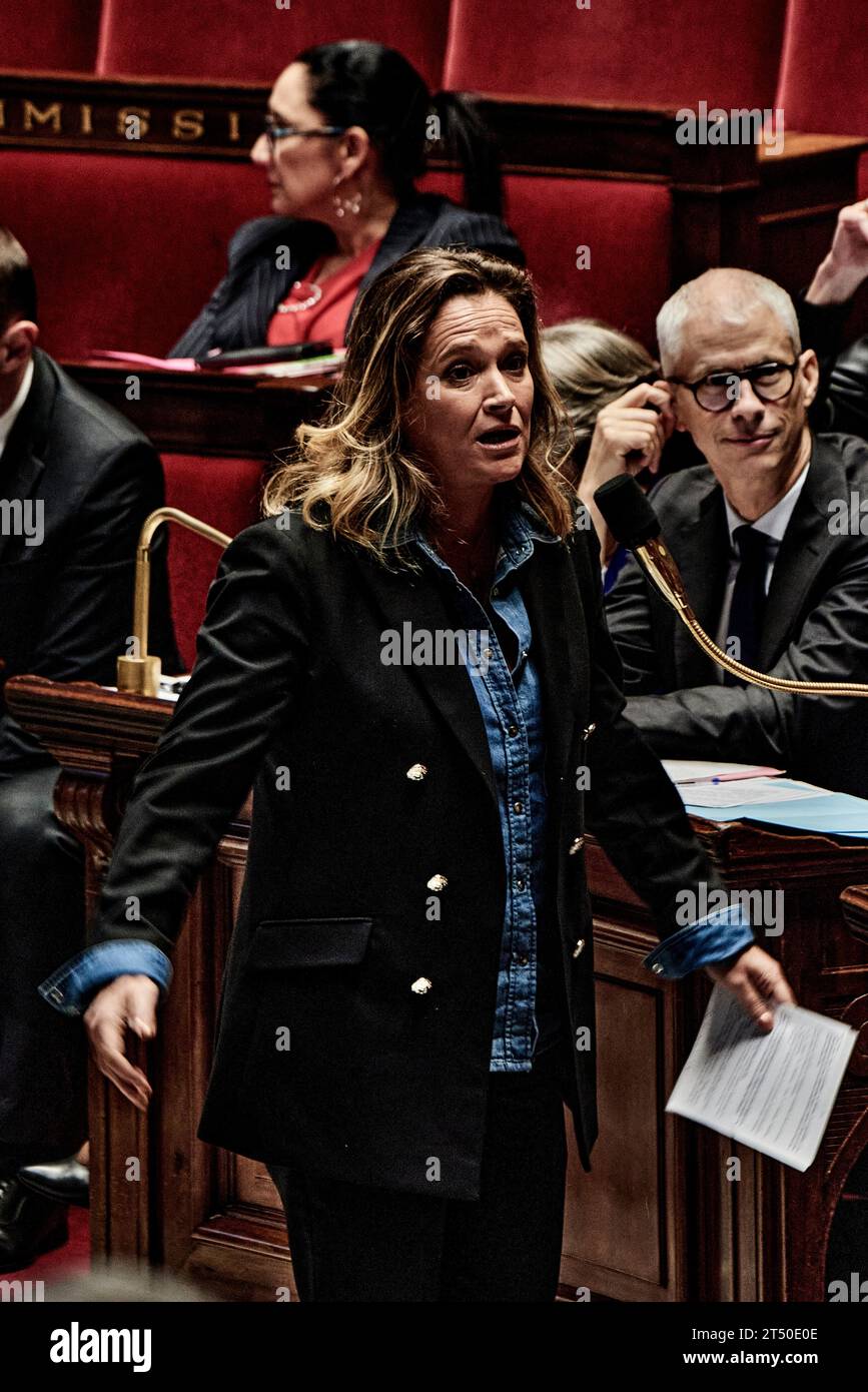 Paris, France. 31st Oct, 2023. Antonin Burat/Le Pictorium - Session of questions to the Government of October 31, 2023, at French National Assembly - 31/10/2023 - France/Paris - Minister Delegate for Small and Medium-Sized Enterprises, Trade, Small-Scale Industry and Tourism Olivia Gregoire answers MPs during the session of questions to the government of October 31, 2023, in the French National Assembly. Credit: LE PICTORIUM/Alamy Live News Stock Photo