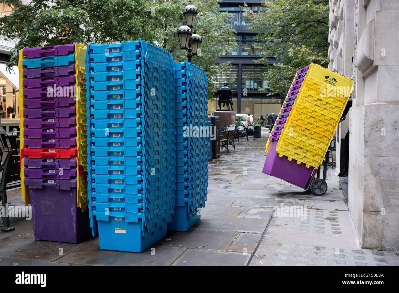 Crates for a company office relocation are stacked and ready for return