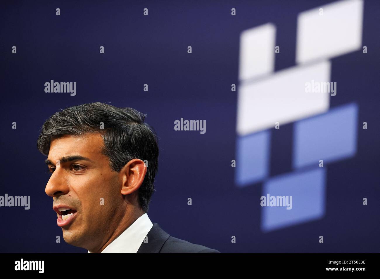 Prime Minister Rishi Sunak speaks during a closing press conference at the AI safety summit, the first global summit on the safe use of artificial intelligence, at Bletchley Park in Milton Keynes, Buckinghamshire. Picture date: Thursday November 2, 2023. Stock Photo