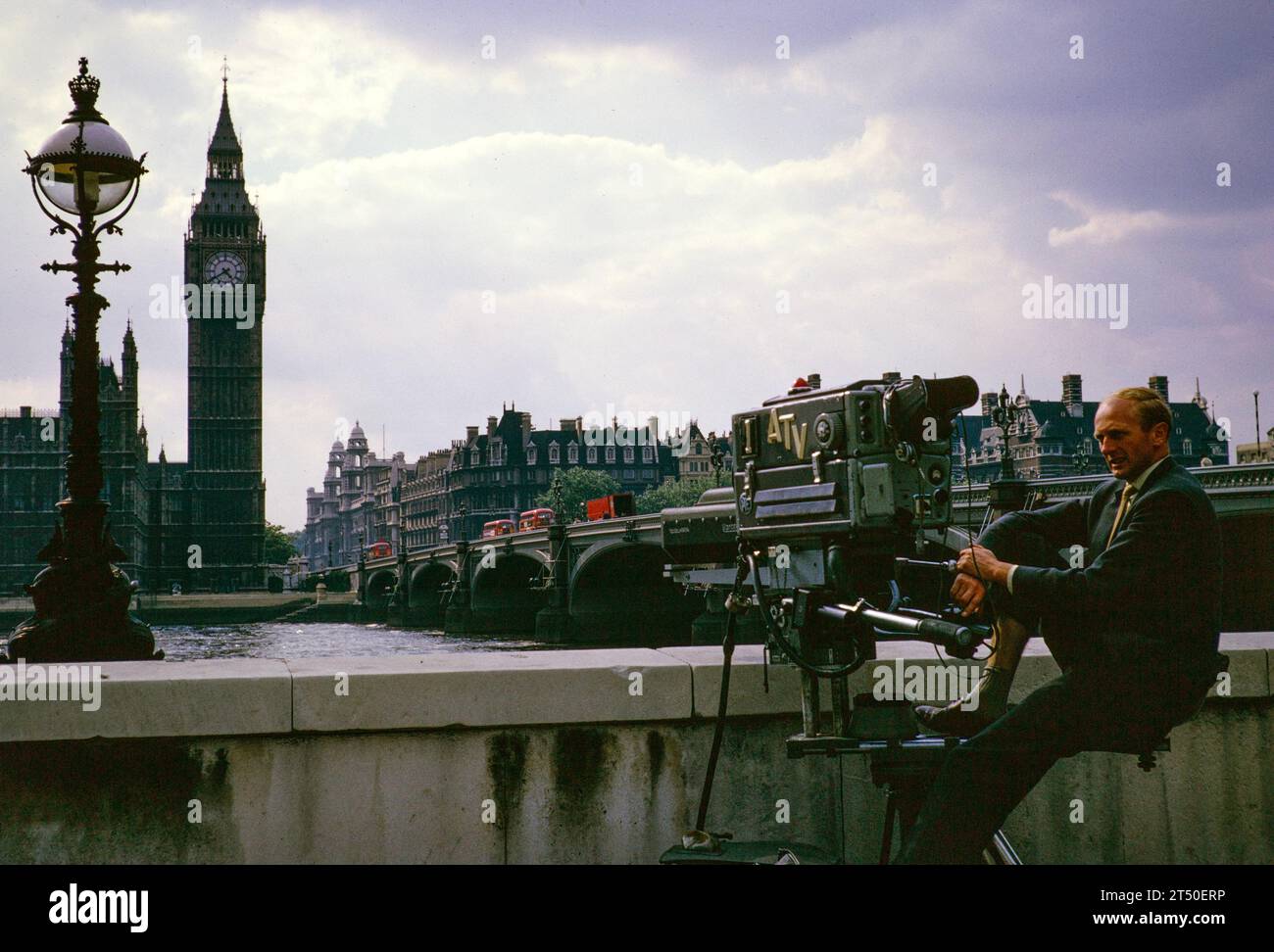 ATV TV cameraman Mike Whitcutt outside broadcast Telstar satellite launch, Westminster Bridge, London, England, UK, July 1962 Stock Photo