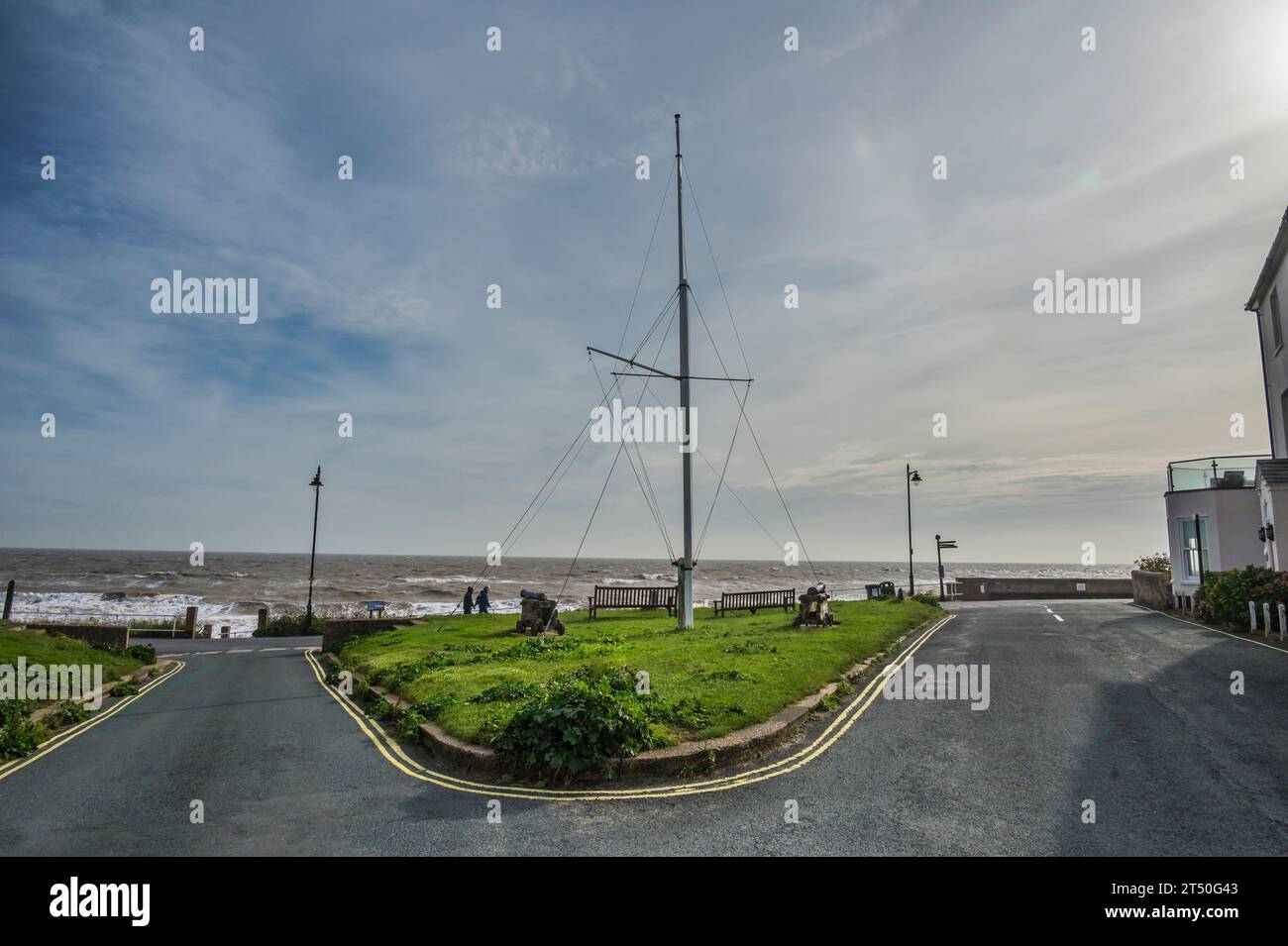 The image of the Flagpole green that overlooks the promenade at the coastal resort town of Southwold or Southwold on Sea in the county of Suffolk Stock Photo