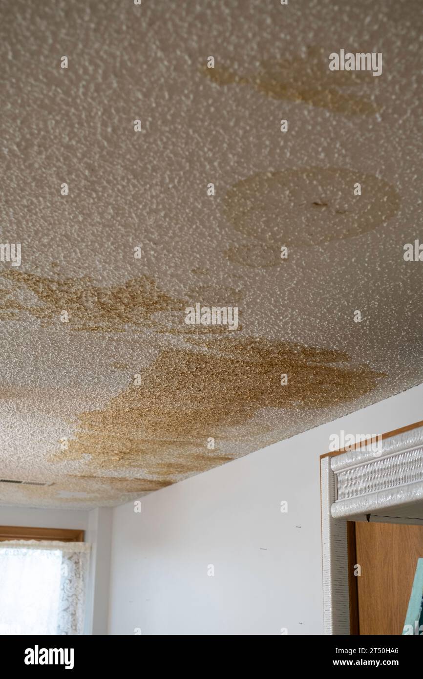 Water stains in basement living area on a home interior ceiling with popcorn finish after a major water leak in the above floor. USA. Stock Photo