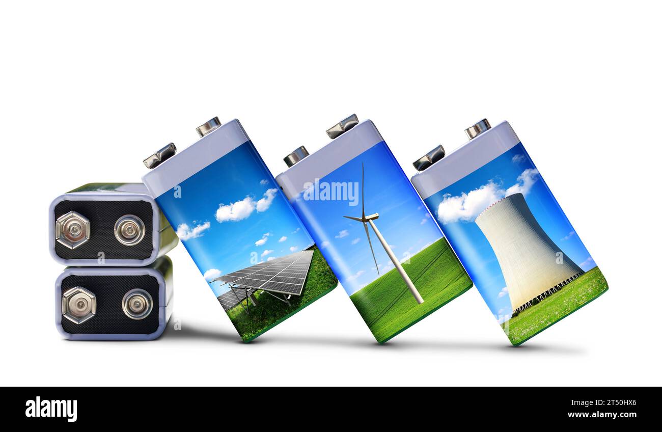 Battery with solar panels, wind turbines and nuclear power plant